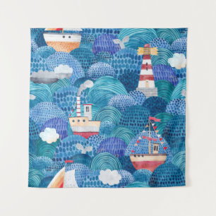Tapiz Barcos y faro: acuarela infantil