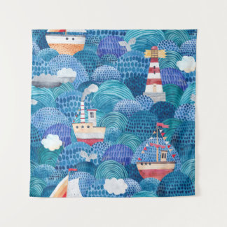 Tapiz Barcos y faro: acuarela infantil