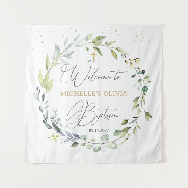Tapiz Bautizo de bebé de cruz herbal de eucalipto  (Anverso)