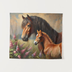 Tapiz Bay Mare con pintura de Foal Wildflowers