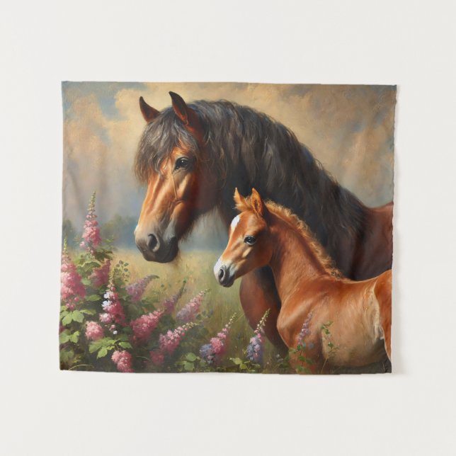Tapiz Bay Mare con pintura de Foal Wildflowers (Anverso (horizontal))