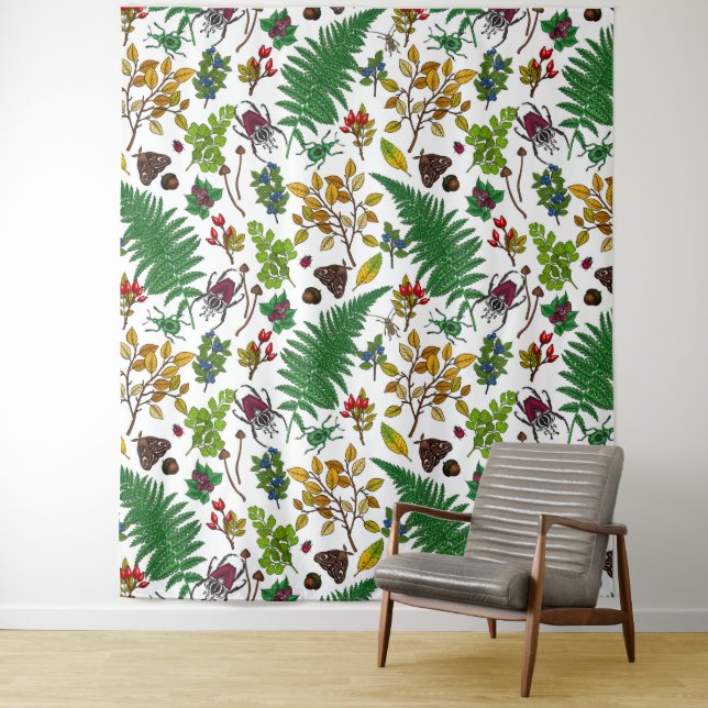 Tapiz Bayas forestales, hojas e insectos en blanco (In situ)
