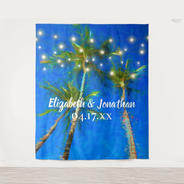 Tapiz Beach Destination Wedding Palm Trees String Lights (Anverso)