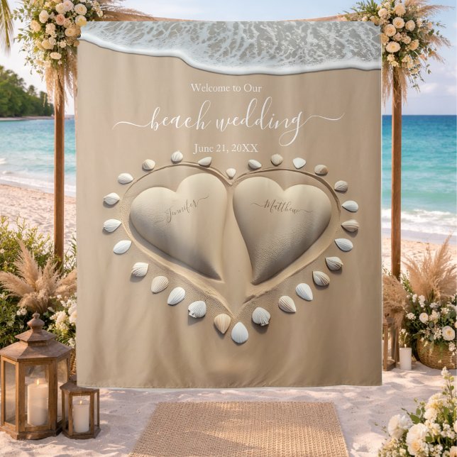 Tapiz Beach Wedding Sand Hearts (Beach Wedding Sand Hearts Tapestry)