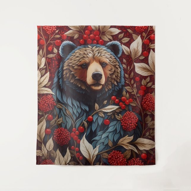 Tapiz Bear rojo Berries William Morris inspirado (Anverso)