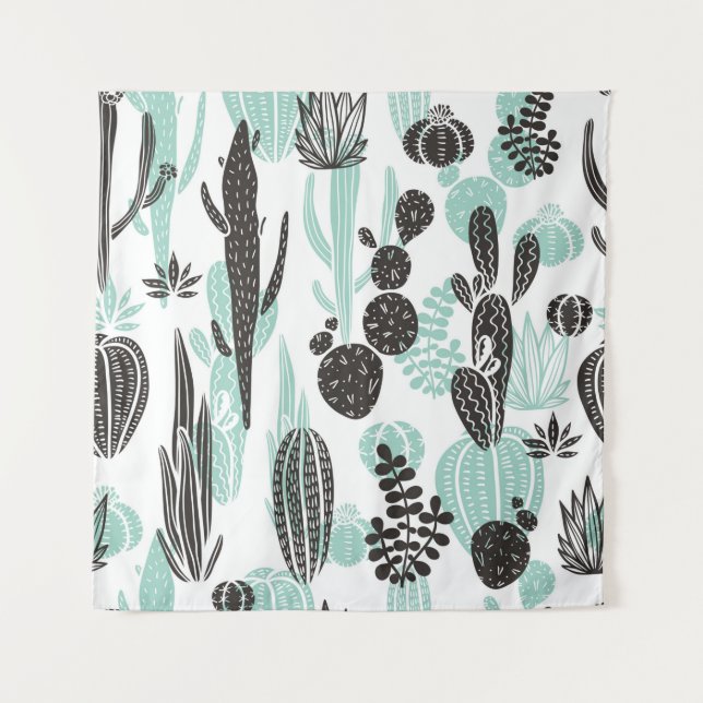 Tapiz Beautiful hand drawn cacti doodle seamless pattern (Anverso)