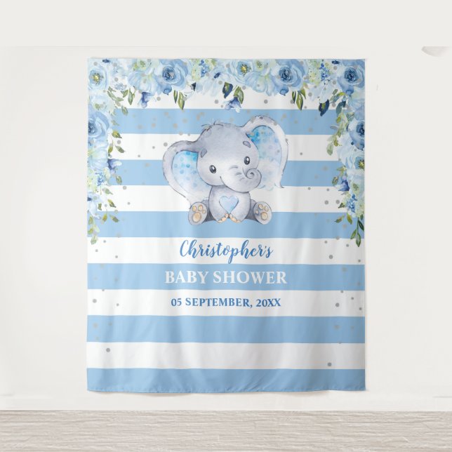 Tapiz Bebé elefante blus plata floral Baby Shower (Anverso)