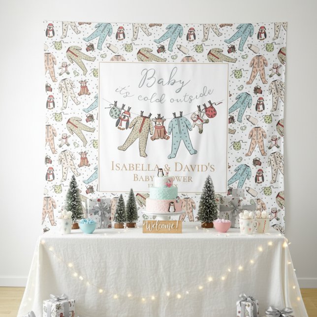 Tapiz Bebé, frío fuera del Baby Shower invernal (White Baby It's Cold Outside Winter Baby Shower Backdrop Cute Pajamas,Teddy Bears,Penguins, Reindeer)