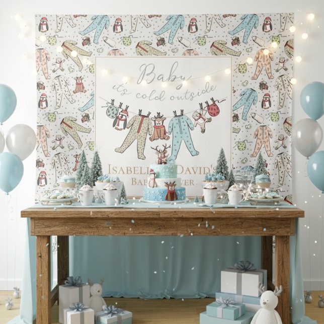 Tapiz Bebé, frío fuera del Baby Shower invernal (Ivory Baby It's Cold Outside Winter Baby Shower Backdrop Cute Pajamas,Teddy Bears,Penguins, Reindeer)