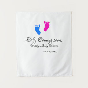 Tapiz Bebé llegando pronto baby shower azul rosa pies de
