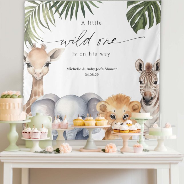 Tapiz Bebé Niño Con Un Fondo De Ducha Animal Safari (Wild One Safari Animal, Baby Boy Shower Party Backdrop.)
