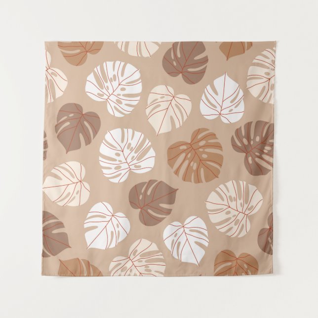 Tapiz Beige Monstera se va: Patrón de moda dibujado a ma (Anverso)
