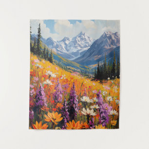 Tapiz Bella Artes de flores silvestres y montañas escéni