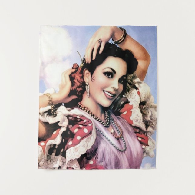 Tapiz Bella bailarina española de flamenco en punto rojo (Anverso)