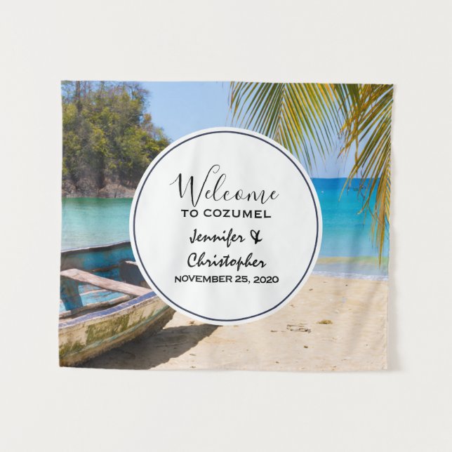 Tapiz Bella Bienvenida de Boda en Playa Tropical (Anverso (horizontal))