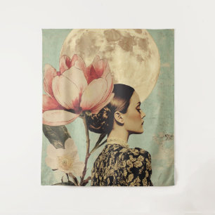 Tapiz Belleza iluminada por la luna - Mujer con flores r