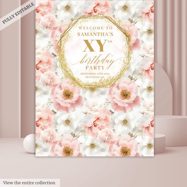 Tapiz Bello Banner de Cumpleaños Floral con Tonos Rosado (Beautiful Blush Floral Birthday Photo Booth Banner Tapestry)