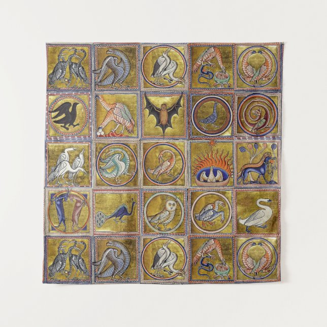 TAPIZ BESTIARIO MEDIEVAL, ANIMALES FANTÁSTICOS, AZUL ROJ (Anverso)