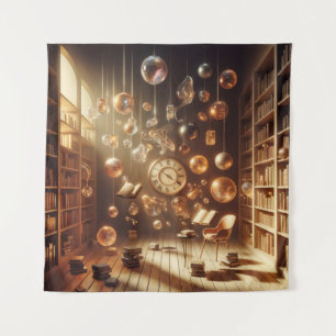 Tapiz Biblioteca flotante serena con elementos surrealis