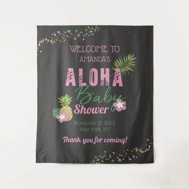Tapiz Bienvenida a Baby Shower de Aloha Baby Pink & Gree (Anverso)