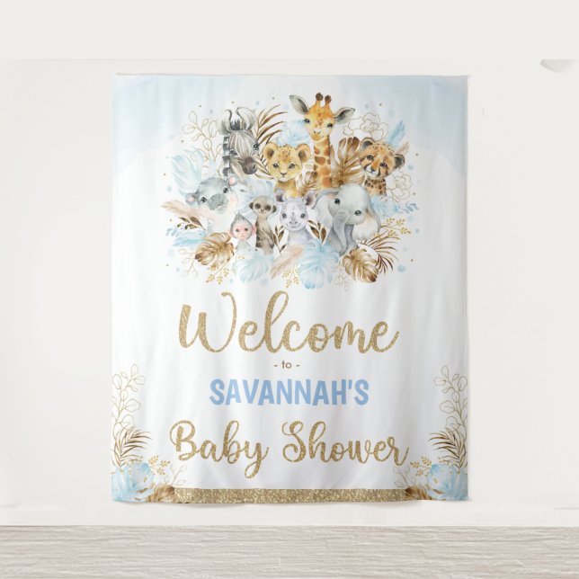 Tapiz Bienvenida a Baby Shower de niños animales de safa (Anverso)