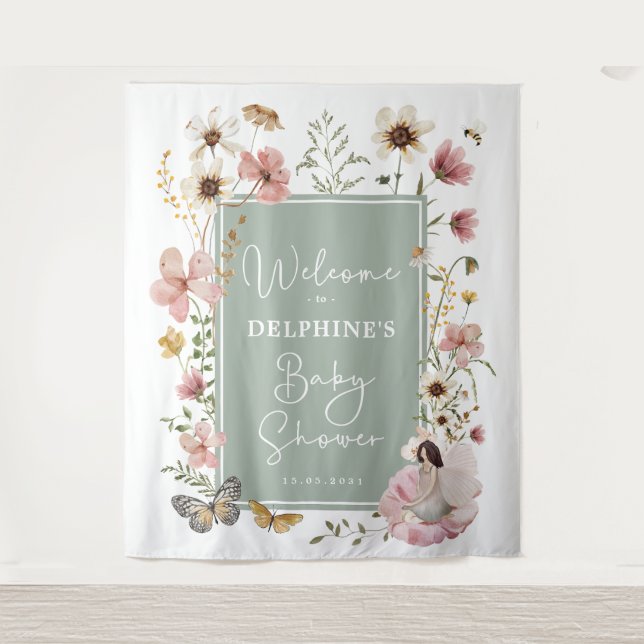 Tapiz Bienvenida a Baby Shower de Sage Rubor Fairy Wildf (Anverso)