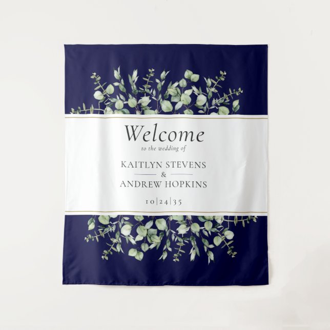 Tapiz Bienvenida a Boda Navy Blue Eucalyptus (Anverso)