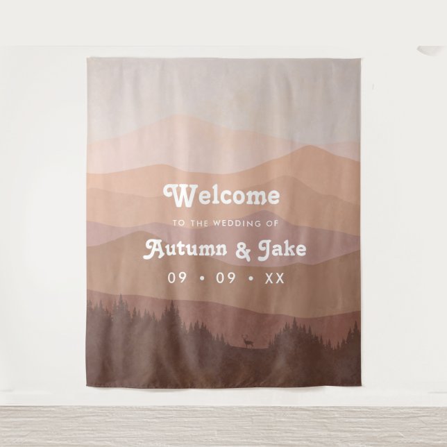 Tapiz Bienvenida a Boda Retro Mountain y Forest Pink (Anverso)