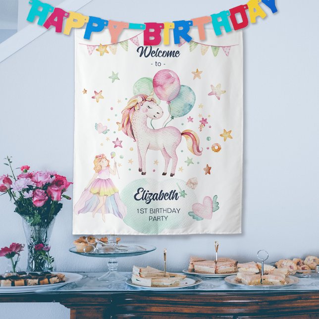 Tapiz Bienvenida a cumpleaños de Pastel Fairy Balloon Un (Pastel Fairy Balloon Unicorn Girl Birthday Welcome Tapestry)