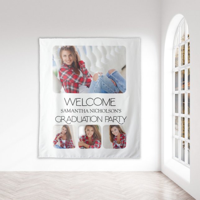 Tapiz Bienvenida a la fiesta de graduación de fotos Mode (Modern, white 4-photo graduation "Welcome" sign/tapestry)
