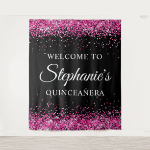 Tapiz Bienvenida a Quinceañera Negra con Brillo Rosa Bri