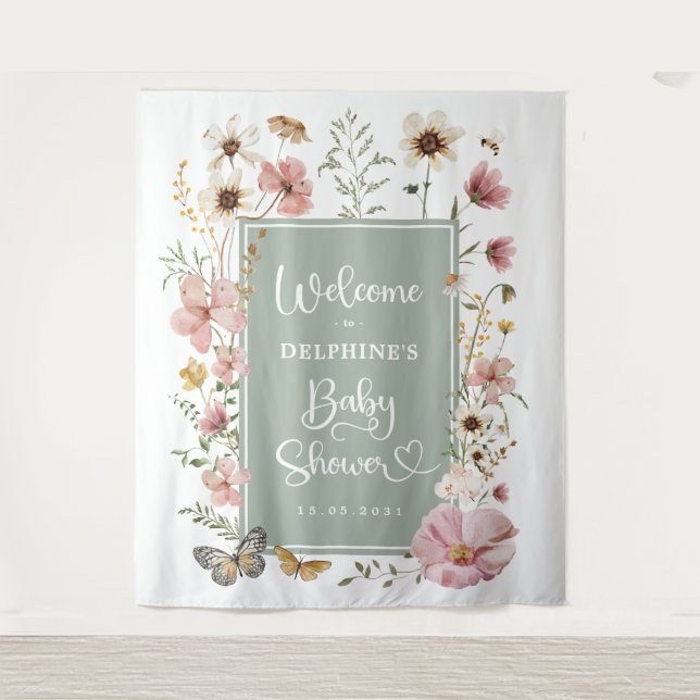 Tapiz Bienvenida a una ducha de flores silvestres verde  (Anverso)
