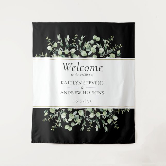 Tapiz Bienvenida al Boda Eucalyptus Negro (Anverso)