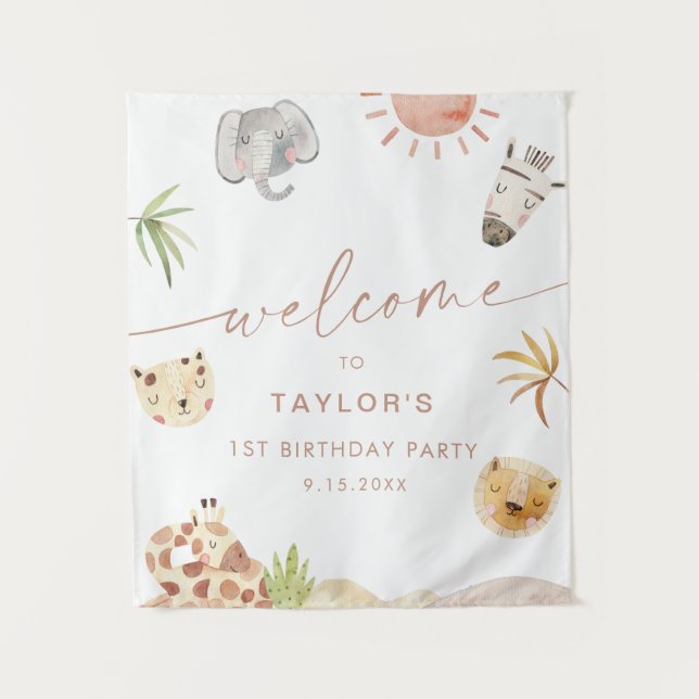 Tapiz Bienvenida al cumpleaños de animales de la jungla  (Anverso)