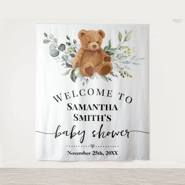Tapiz Bienvenida al oso Baby Shower Eucalyptus Greeneren (Anverso)