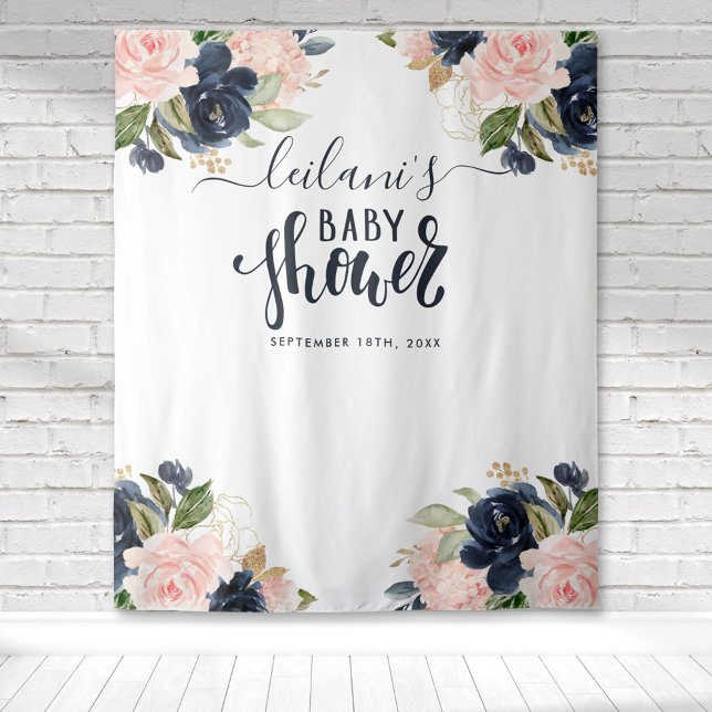 Tapiz Bienvenida Baby Shower Fondo Floral Rosa Marino (Blush pink and navy blue floral botanical baby shower typography tapestry perfect for photo ops.)