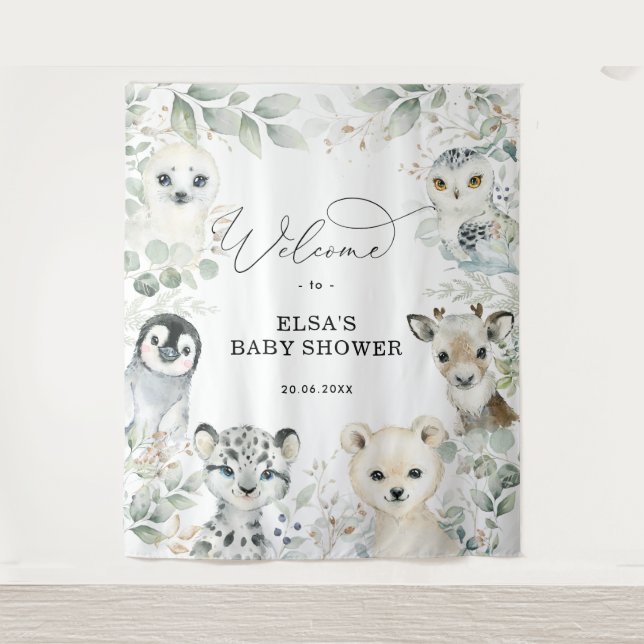 Tapiz Bienvenida Bebé Animales Árticos Verde Dorado Inve (Anverso)