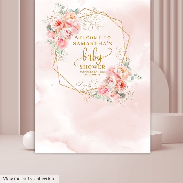 Tapiz Bienvenida Bebé Chica fondo de peonías doradas pál (Welcome Baby Girl pale pink gold peonies backdrop)