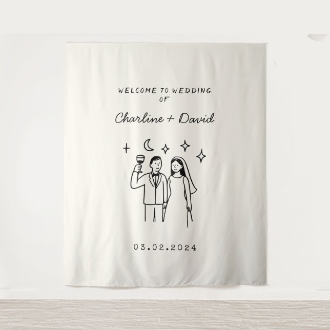 Tapiz Bienvenida Boda con grillos dibujados a mano (Anverso)