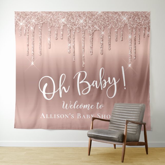 Tapiz Bienvenida con brillo rosa oro para Baby Shower (In situ (horizontal))
