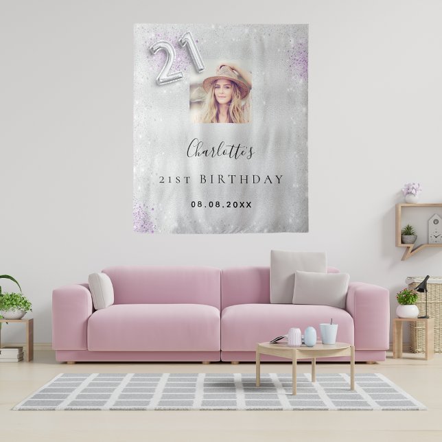 Tapiz Bienvenida cumpleaños 21 plata purpura foto brillo (Subido por el creador)