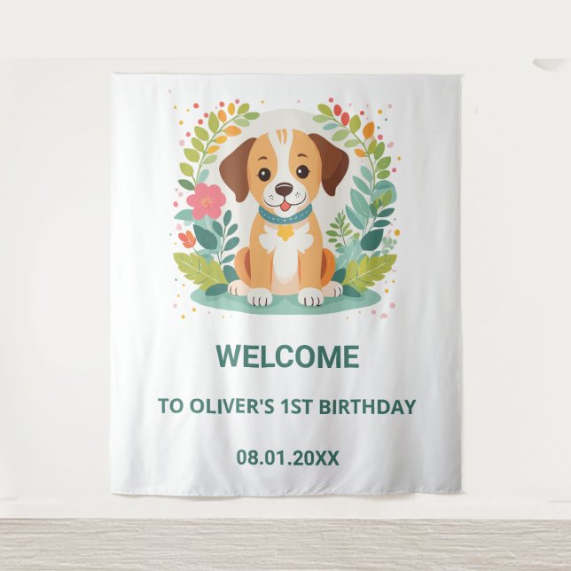 Tapiz Bienvenida Cumpleaños Bebé Niños Perrito Cachorro  (Anverso)
