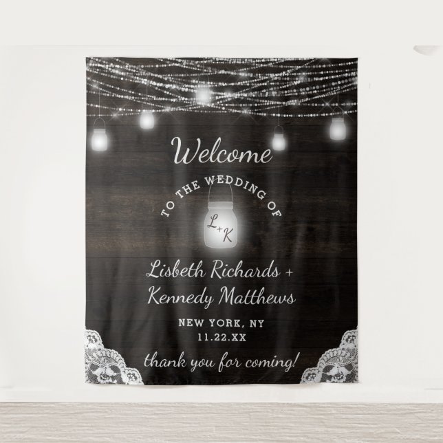 Tapiz Bienvenida de boda de Oak Ridge Rustic Wood & Maso (Anverso)