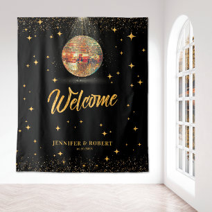 Tapiz Bienvenida de boda disco brillo dorado negro retro