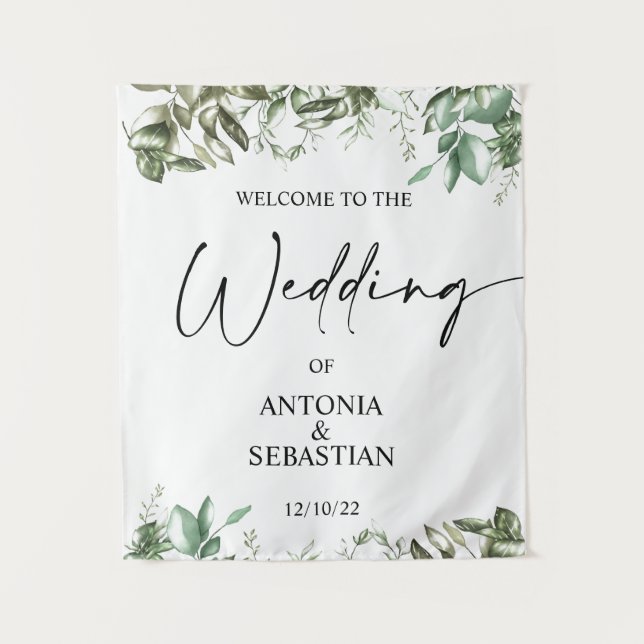 Tapiz Bienvenida de boda elegante con vegetación (Anverso)