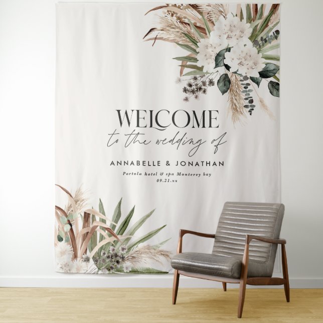 Tapiz Bienvenida de boda moderna de pampas de eucalipto  (In situ)