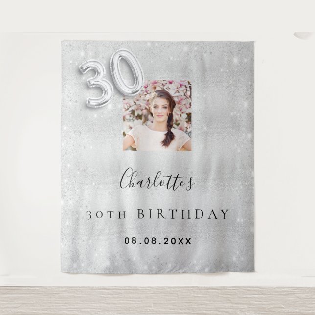 Tapiz bienvenida de cumpleaños 30 años con brillo de pla (Anverso)