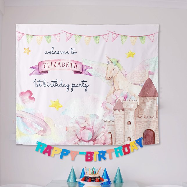 Tapiz Bienvenida de cumpleaños de la flor acuática Unico (Watercolor Flower Unicorn Girl Birthday Welcome Tapestry)