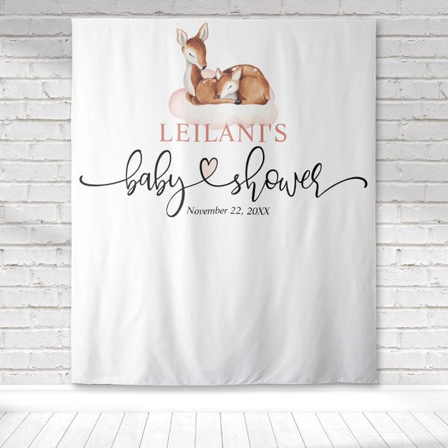 Tapiz Bienvenida Ducha de Bebé Ciervo Nube Rosa Telón de (Baby shower deer and fawn pink cloud pink hand lettering watercolor backdrop for photo ops.)