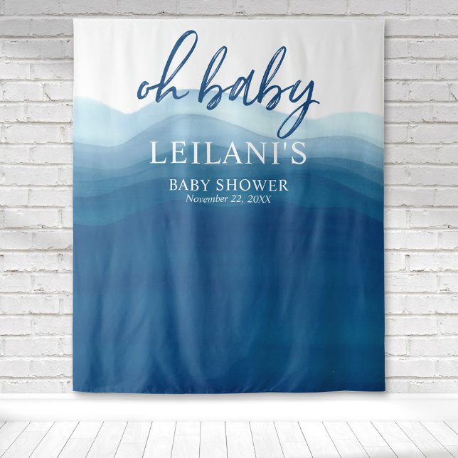 Tapiz Bienvenida Fiesta de Bebé Fondo Azul Ombre (Oh baby blue ombre watercolor tapestry perfect for a beach baby shower and is a perfect backdrop.)
